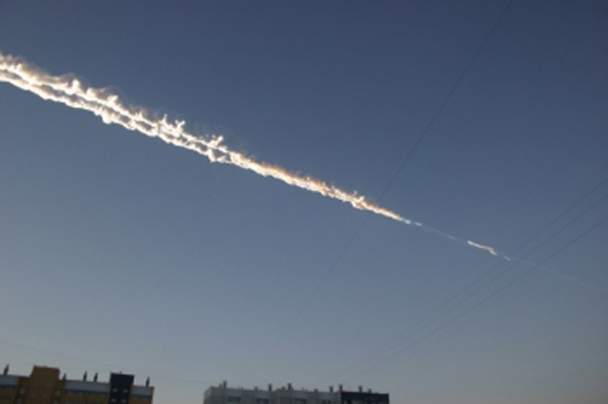What appears to be a meteor trail over eastern Russia is seen in this image released Feb. 15, 2013, by the Russian Emergency Ministry. The meteor fall included a massive blast, according to Russian reports. CREDIT: Russian Emergency Ministry